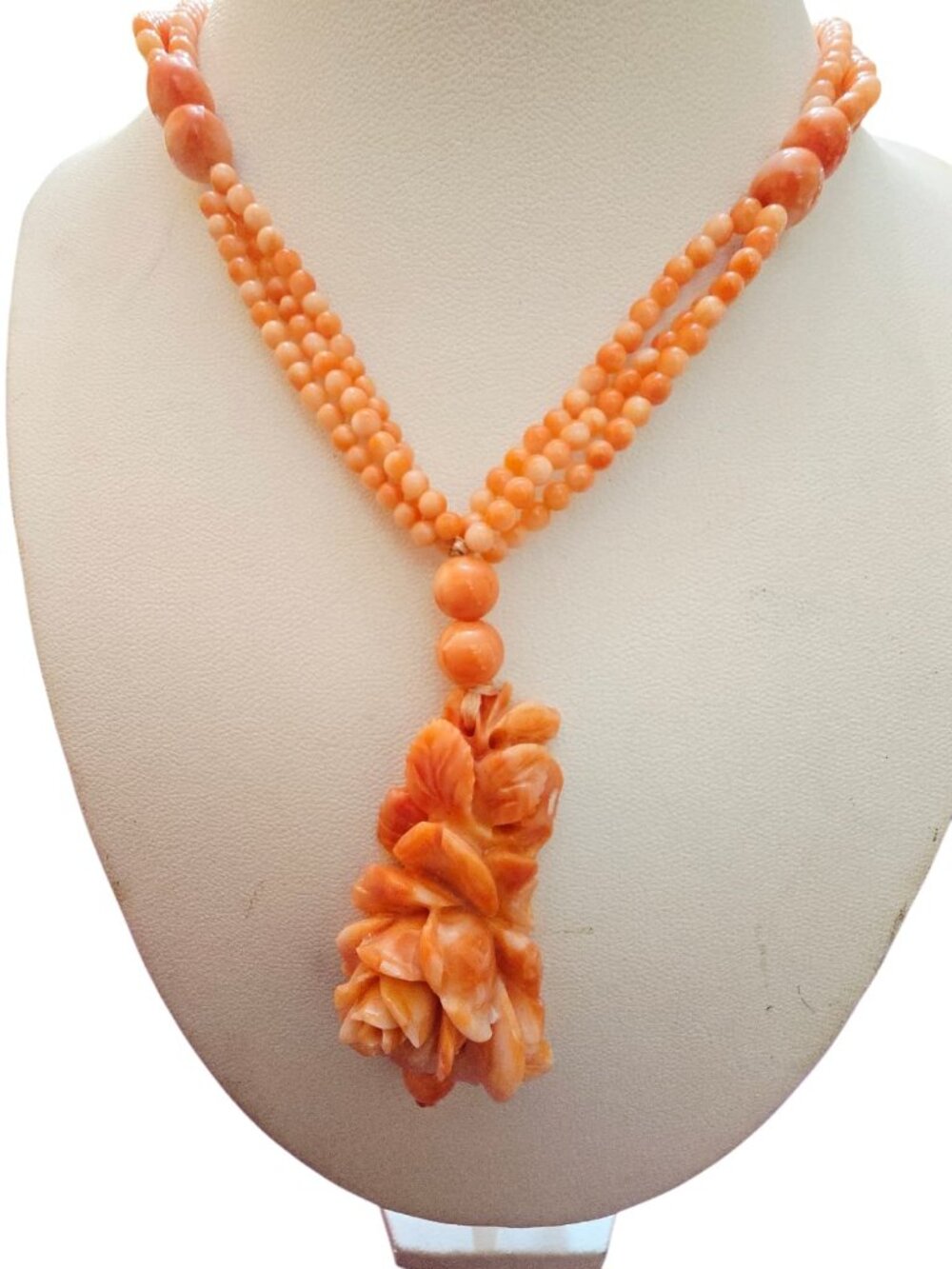 Vintage Stunning Carved Coral Flower All Coral Necklace (A4298)